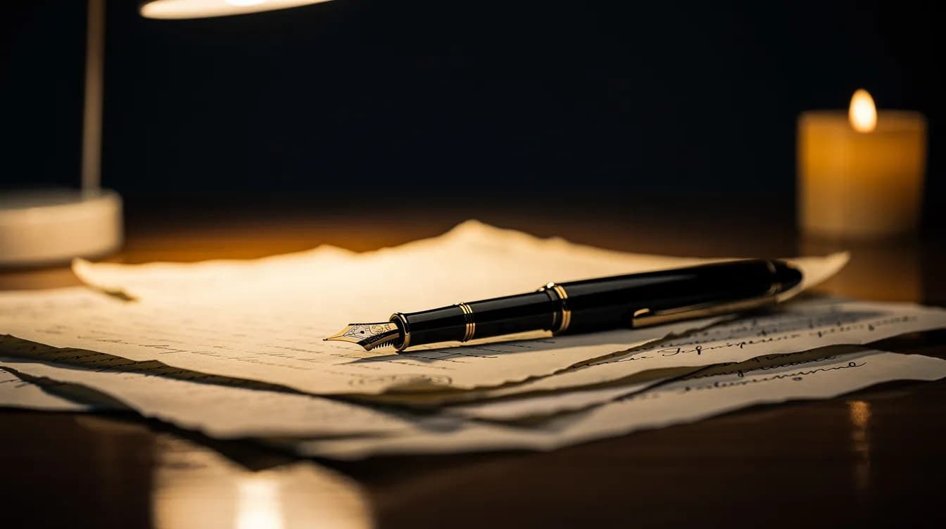 قلم حديث وأوراق متناثرة على المكتب