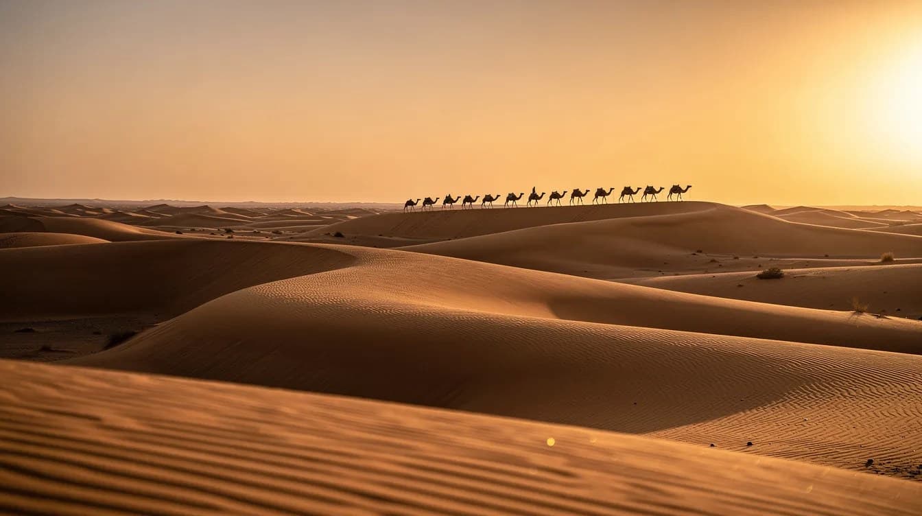 كثبان رملية ذهبية وقافلة إبل عند الغروب