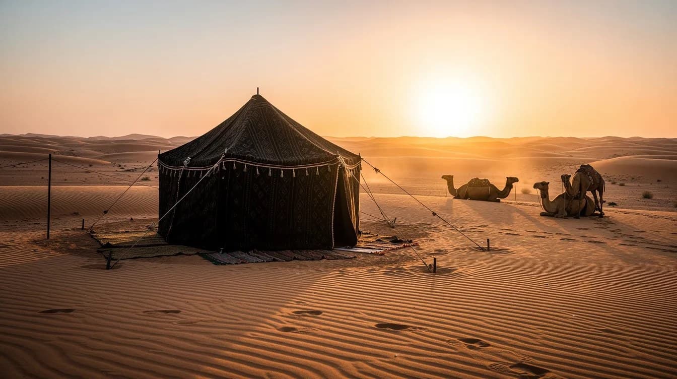 بيت شعر بدوي وإبل على الرمال عند الشروق