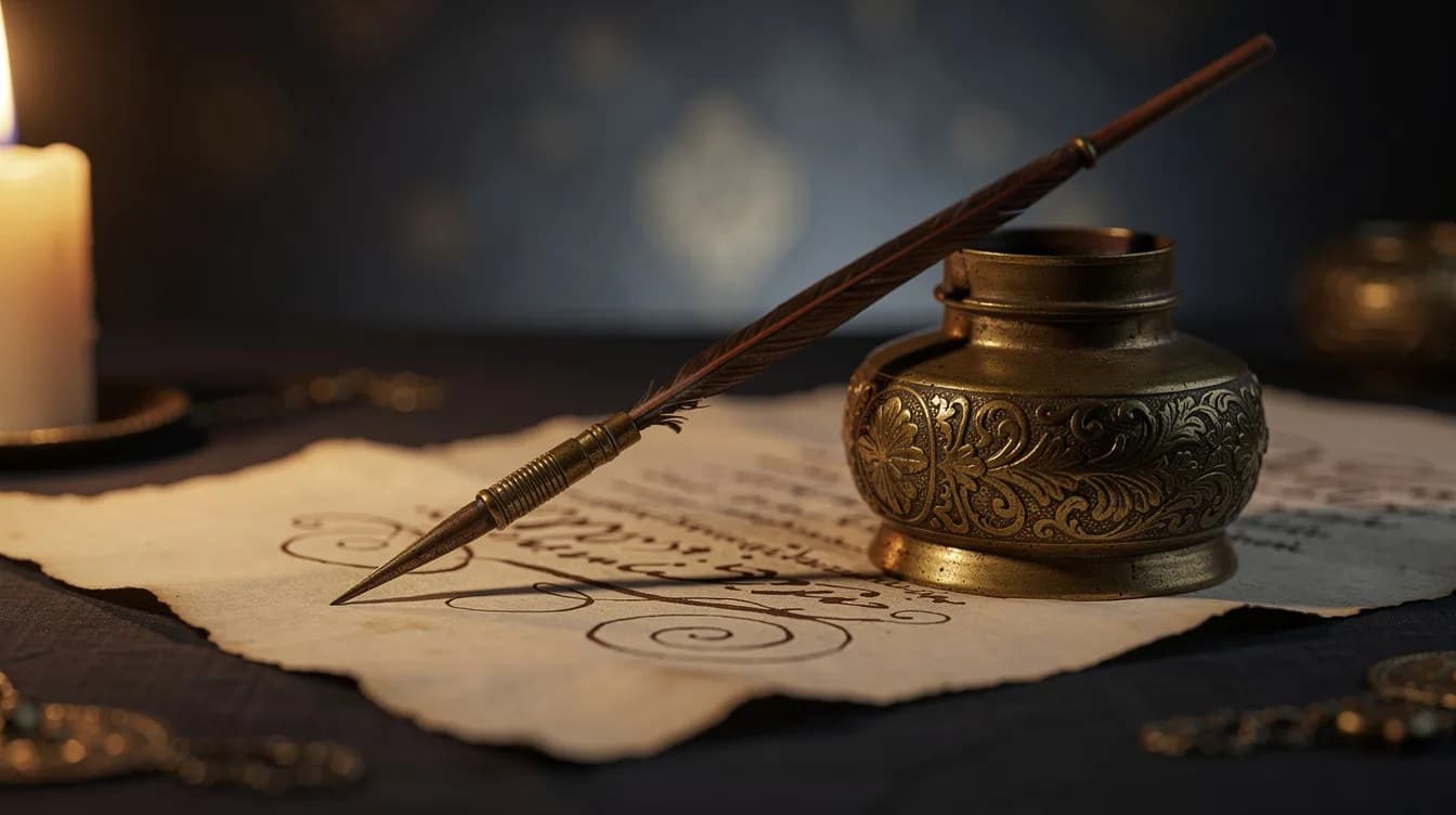 ريشة قصب ومحبرة نحاسية على رقّ قديم