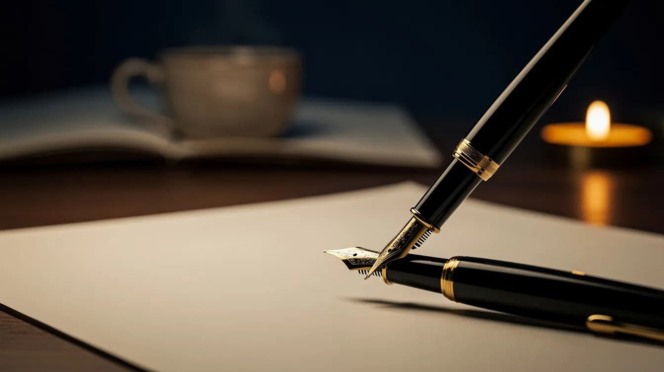 قلم فوق صفحة بيضاء على ضوء المكتب