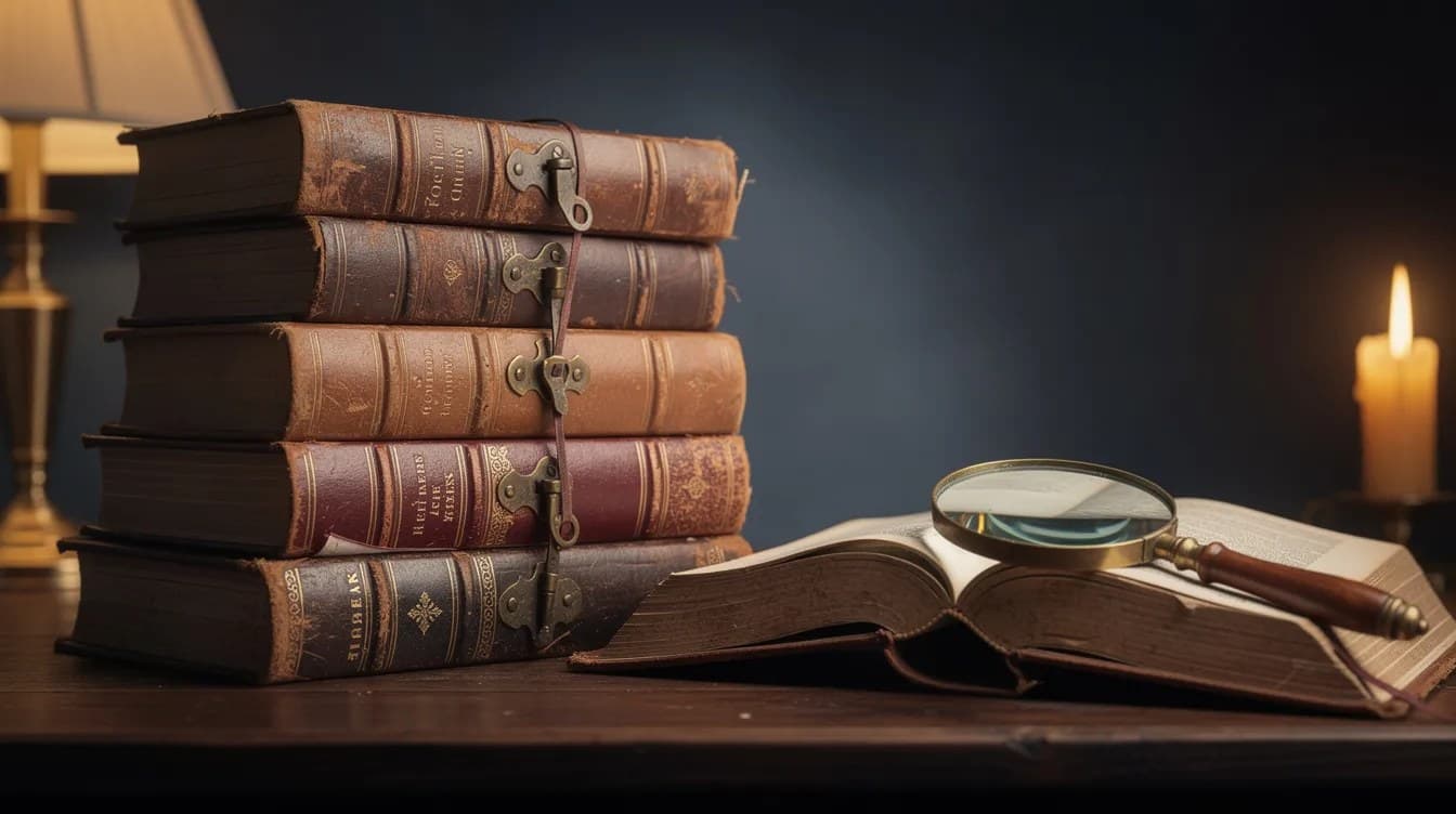 كتب قديمة وعدسة مكبّرة على ضوء دافئ