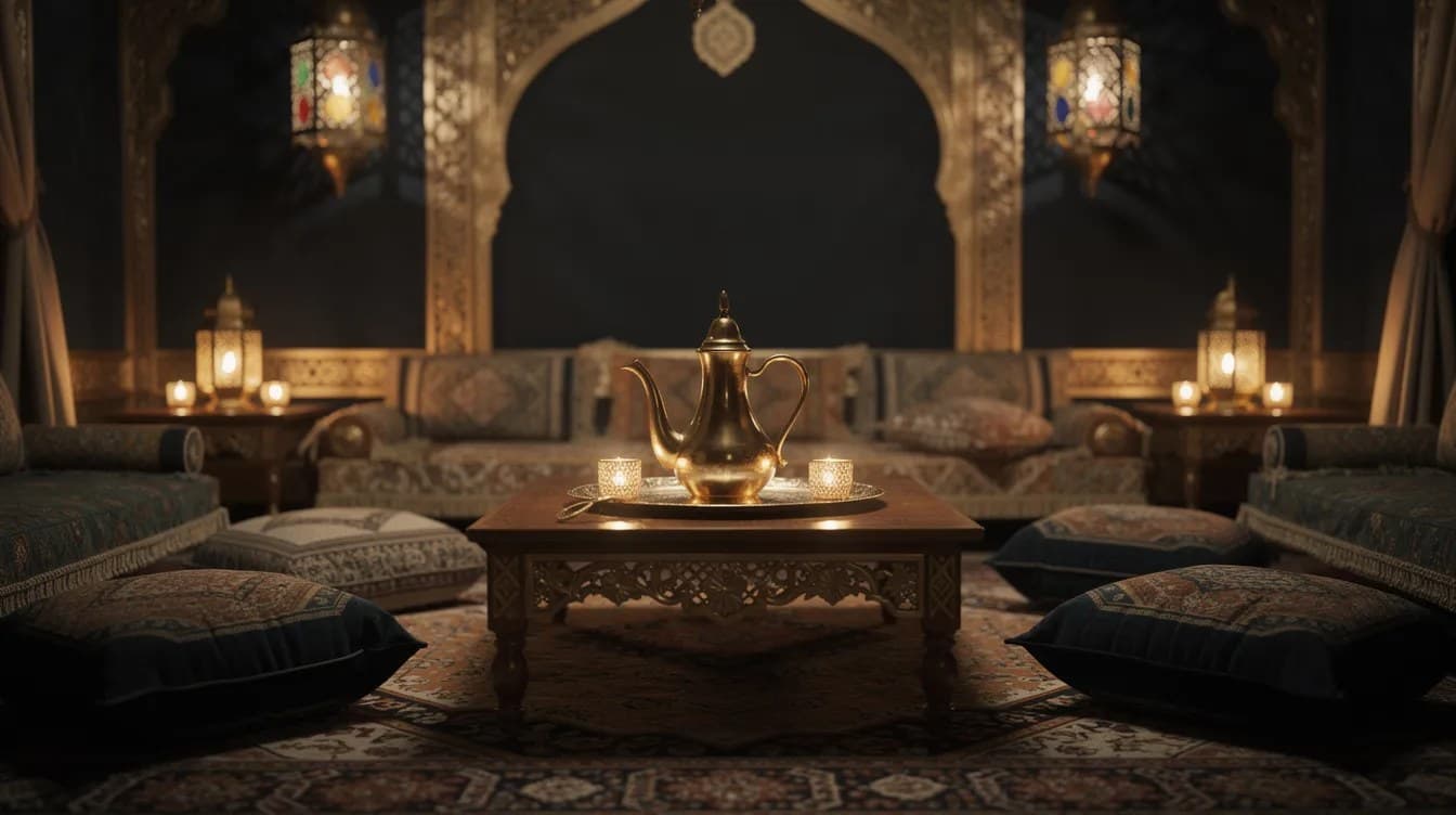 مجلس عربي تقليدي مزخرف على ضوء الفوانيس