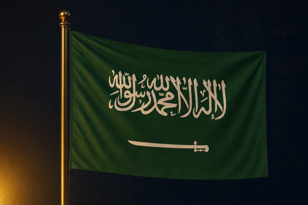 علم السعودية كبير على سارية نحاسية أمام جدار كحلي داكن، مع شمعة واحدة مضيئة في الزاوية
