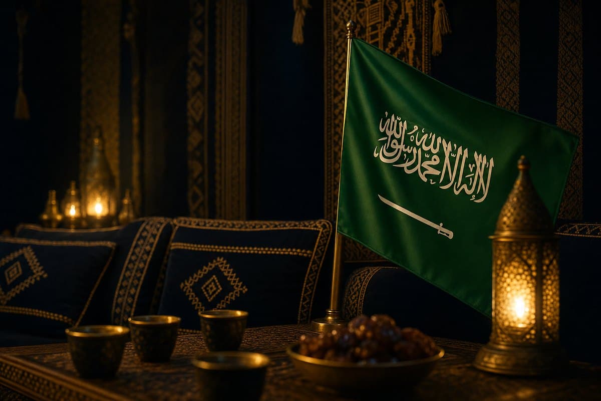 مجلس سعودي ليلا، طاولة خشبية تحمل علم السعودية وفناجيل وتمر وفانوسا، مع وسائد كحلية بتطريز ذهبي