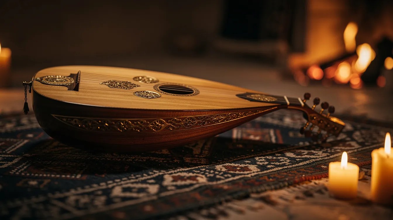 عود خشبي على سجادة بدوية بضوء النار
