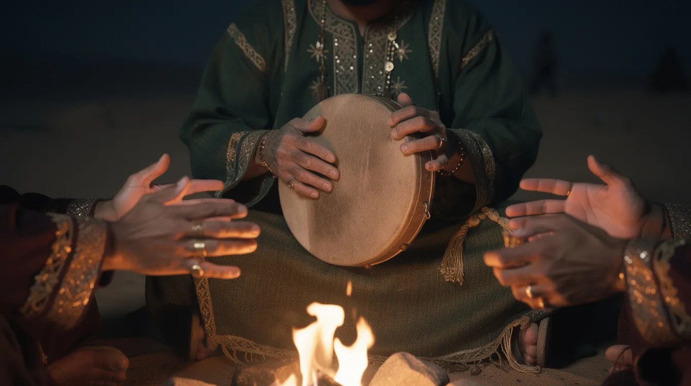 يدان تعزفان على الدفّ حول النار