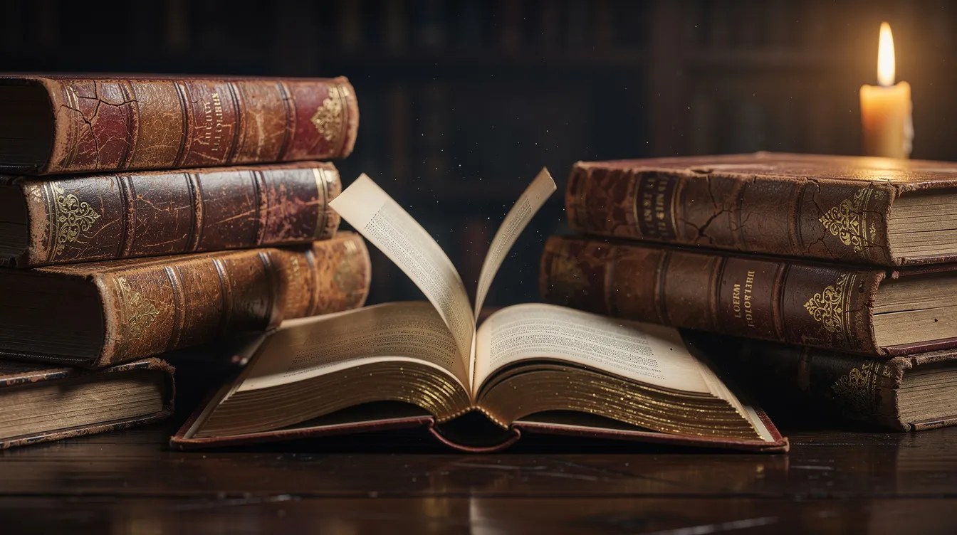 كتب قديمة مفتوحة على ضوء المكتبة