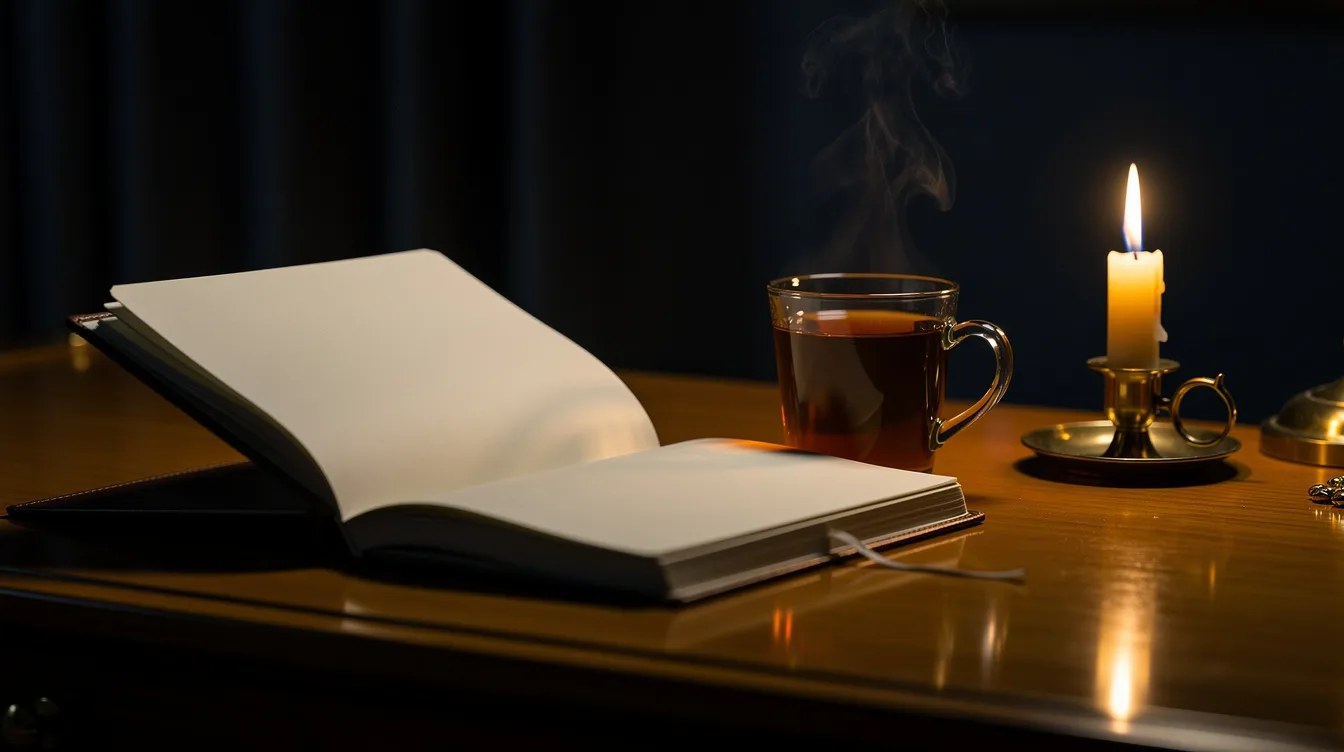 دفتر وكوب شاي وشمعة في ركن للكتابة