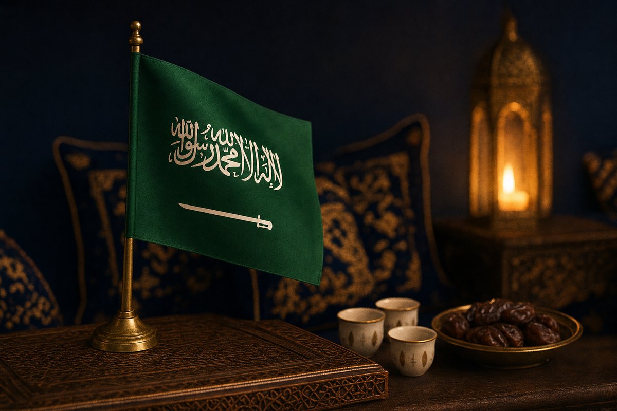 علم السعودية على سارية نحاسية فوق طاولة خشبية منقوشة، بجانبه فناجيل قهوة وتمر وفانوس مضيء بالخلف