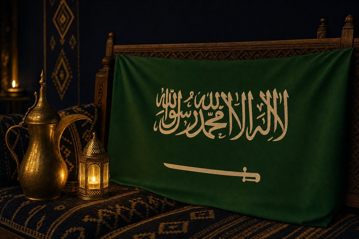 علم السعودية مفرود على مقعد خشبي منقوش، وإلى اليسار دلة قهوة نحاسية وفانوس صغير مضيء
